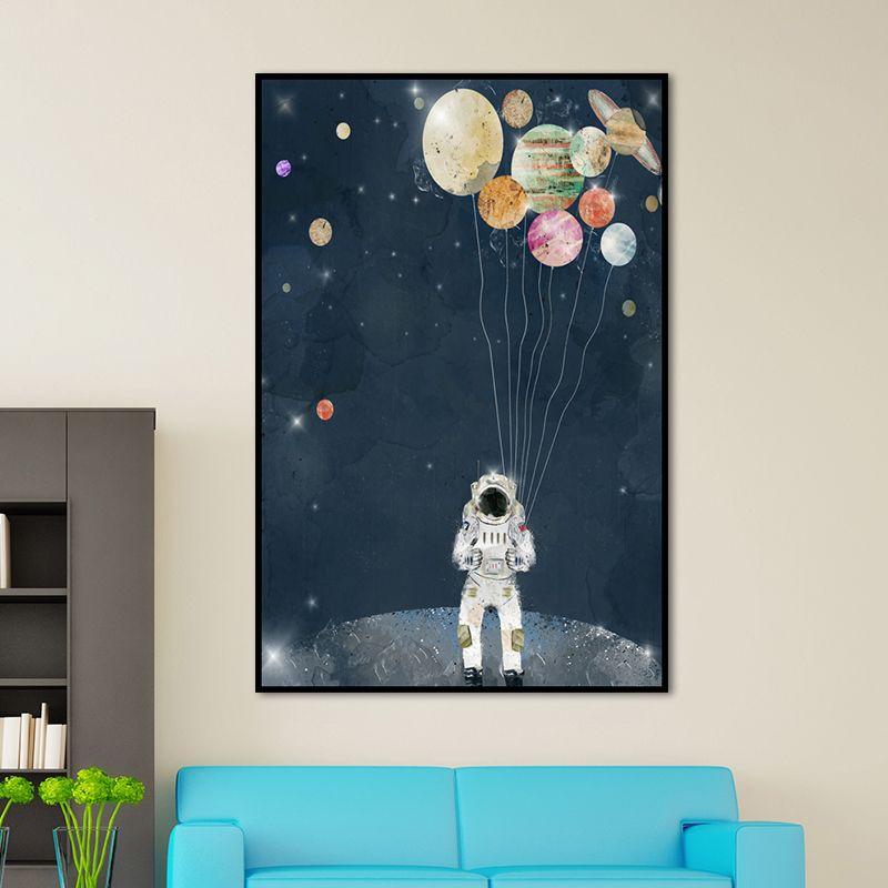 Science Fiction Canvas Print Childrens Art Cool Astronaut Wall Decor in Dark Color