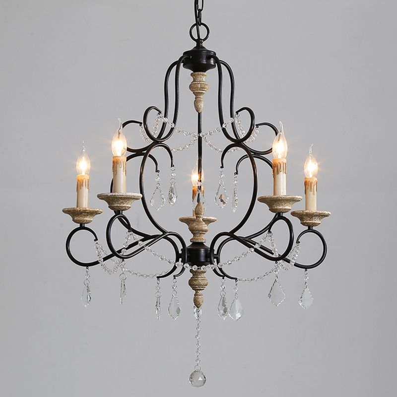 5 Bulbs Candle Hanging Lamp Countryside Distressed White Iron Chandelier Lighting with Wood Beads