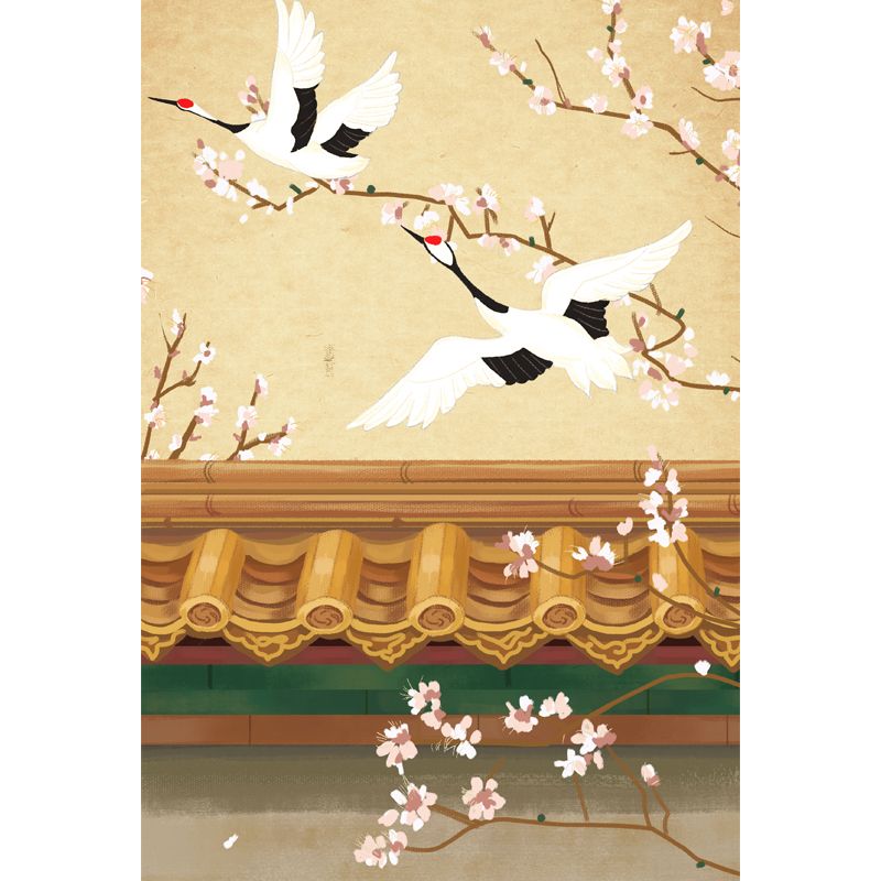 Custom Illustration Chinoiserie Mural with Halcyon Fly over Roof Pattern in Light Yellow
