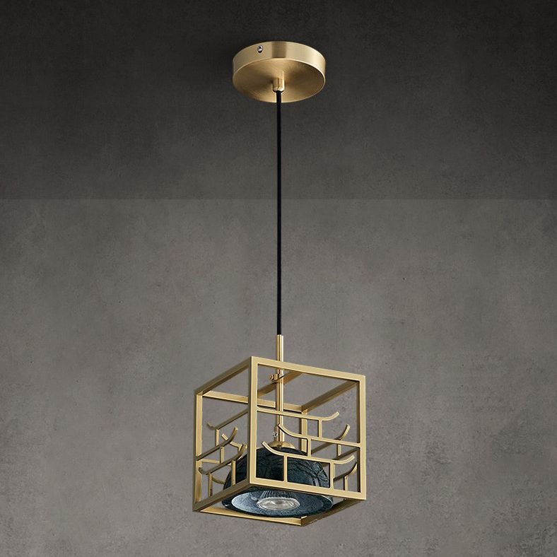 Blackish Green Shade Pendant Light Retro Nordic 1-Light Marble Hanging Light with Gold Cage