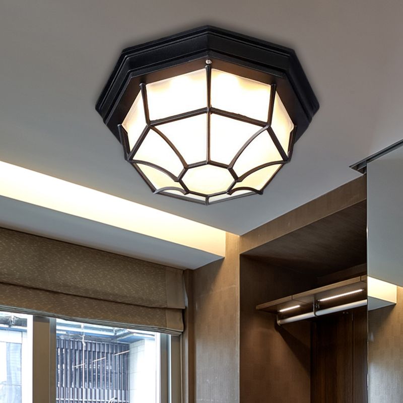 Octagonal Bedroom Flushmount Lodges Opal Glass 1-Head White/Black Finish Flush Mount Lamp Fixture