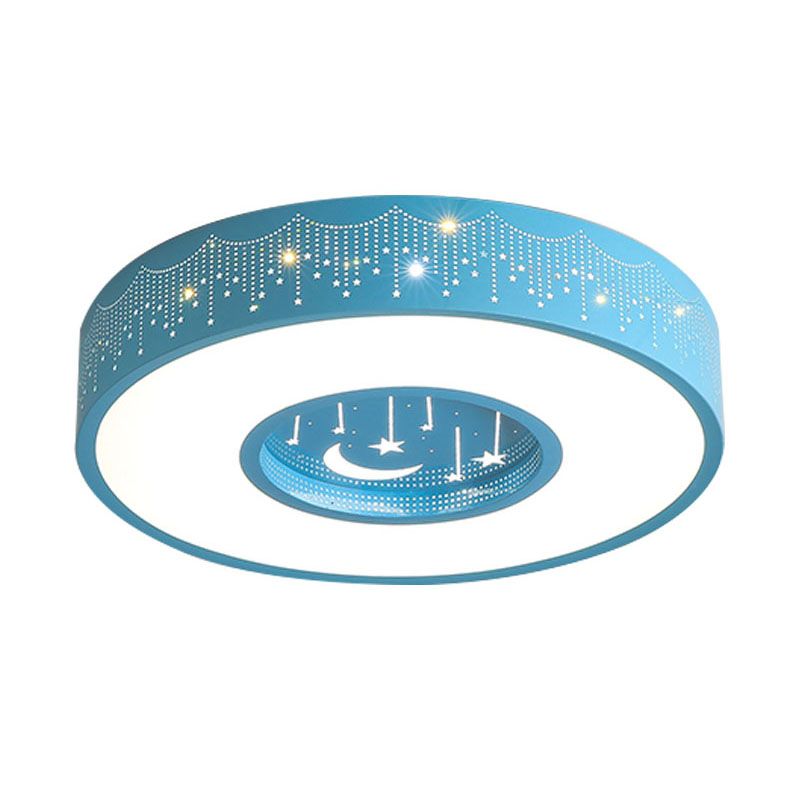 Metal Circular Flush Ceiling Light Kids LED Flush Mount Recessed Lighting with Moon and Star Pattern in Pink/Blue, 16"/19.5" W