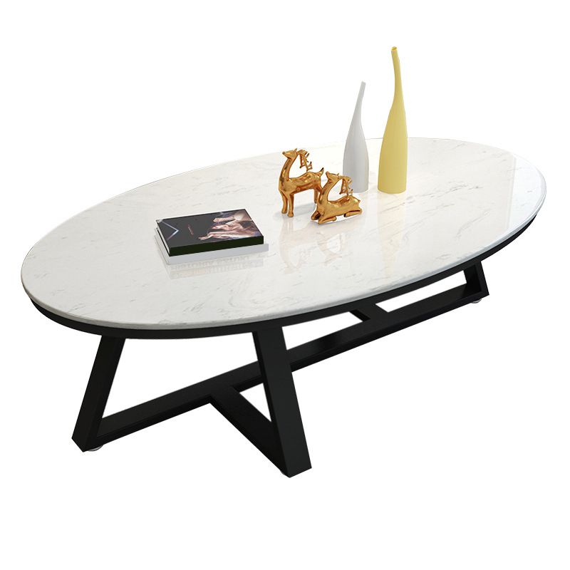 Cross Legs Coffee Table with Stone Oval Top and Iron Base Cocktail Table