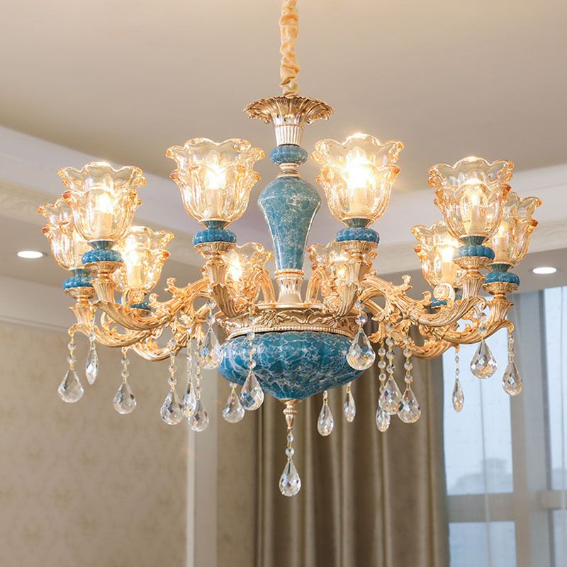 Swooping Arm Living Room Pendant Chandelier Rustic Metal Gold Hanging Ceiling Light with Flower Clear Textured Glass Shade