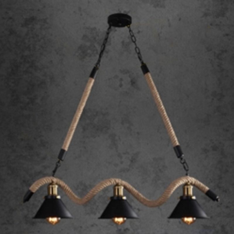 Rope Black Island Pendant Light Cone Antique Island Chandelier Light for Restaurant