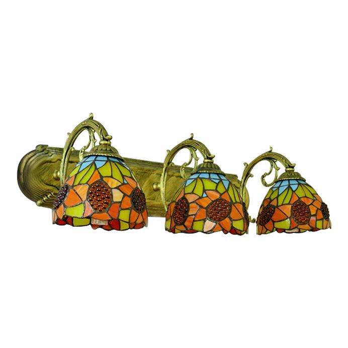 3 Heads Orange Vanity Lighting with Yellow Flower/Sunflower Pattern Lodge Tiffany Stained Glass Wall Lighting for Bathroom