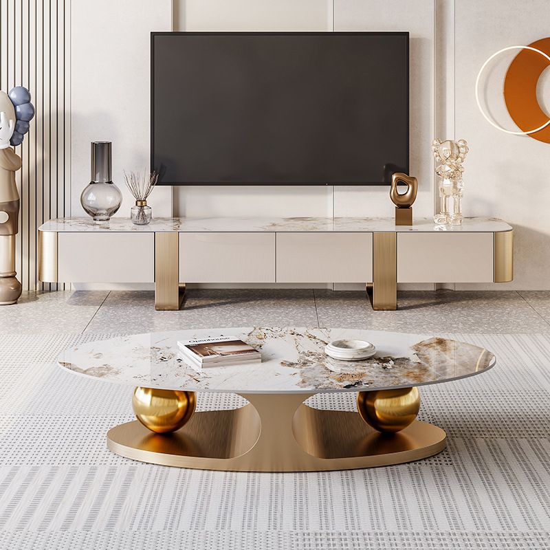 Glam Oval Stone Cocktail Table Single Beige Coffee Cocktail Table