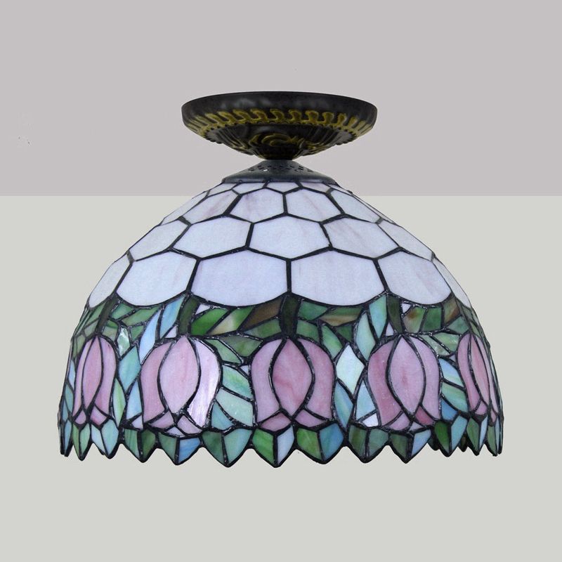 Plafonnier floral en verre teinté de style Tiffany, éclairage encastré en bronze à ampoule unique