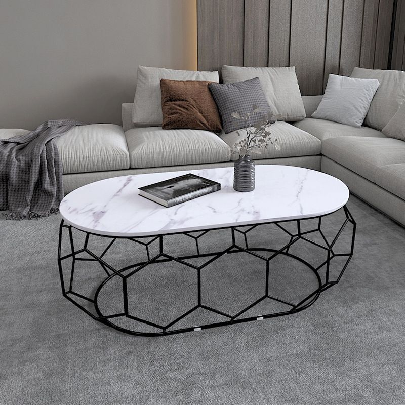 Glam Slate Coffee Table with Iron Frame and Oval Stone Top Cocktail Table
