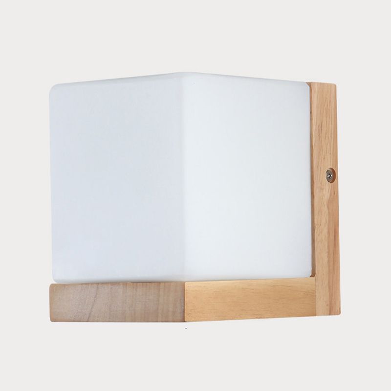 Nordic Wood Wall Light Cube Shape 5.5" Wide Wall Sconce with Glass for Bedroom