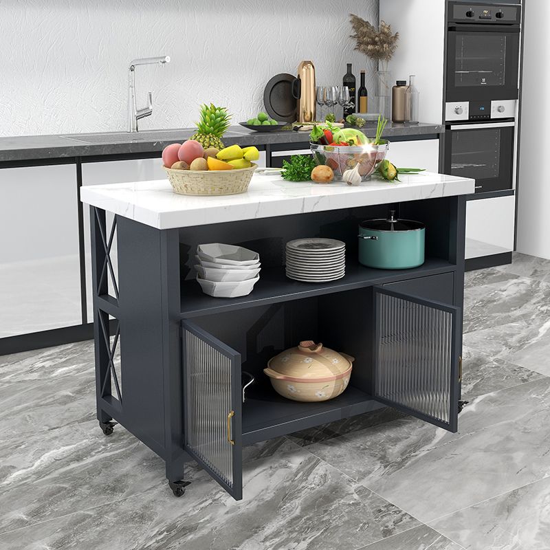 Modern Rolling Kitchen Cart Marble Kitchen Island Cart with Double Sided Cabinet