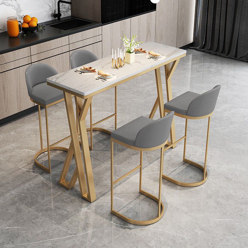 Glam Gold Steel Bar Dining Table with White Faux Marble Top Rectangle Indoor Bistro Table