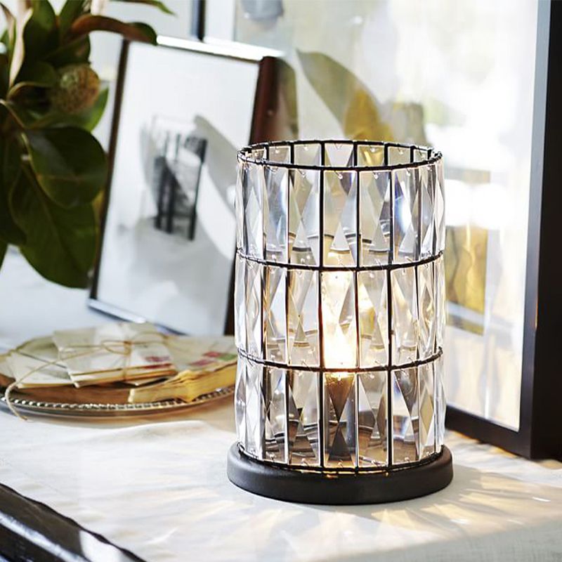 1 Bulb Night Light Modern Barrel Crystal Night Table Lamp for Sleeping Room in Black
