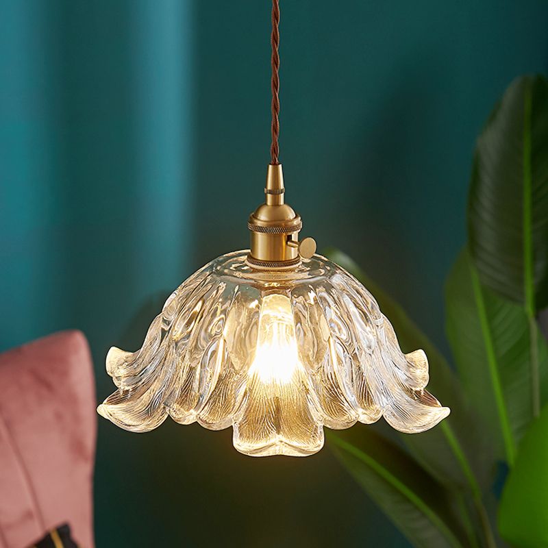 Clear Textured Glass Brass Pendant Floral 1-Light Vintage Hanging Light for Dining Room