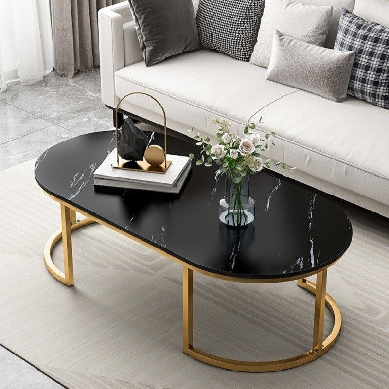 Glam Style Oval Marble Coffee Table with Iron Base Coffee Cocktail Table