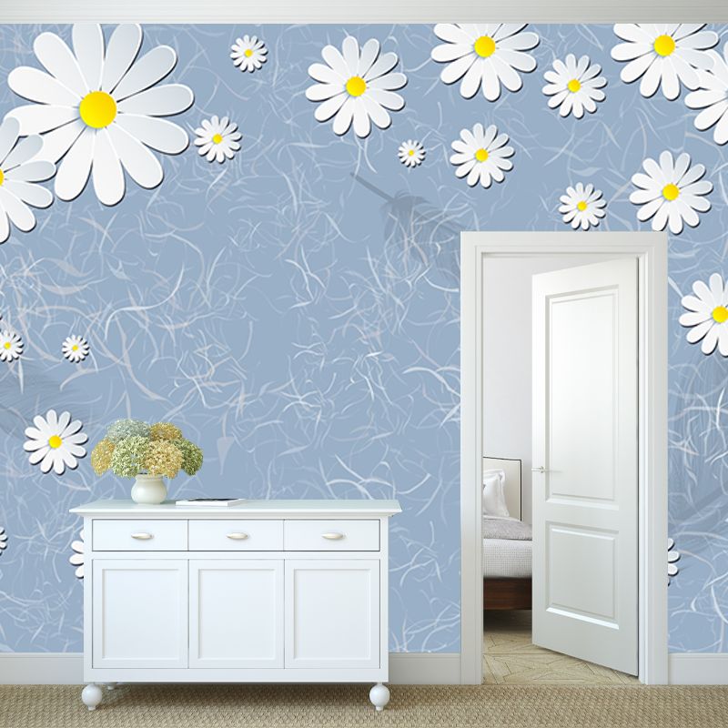 Illustration Daisy Flower Wallpaper Mural for Bedroom Decor, Blue-Yellow-White, Custom Print