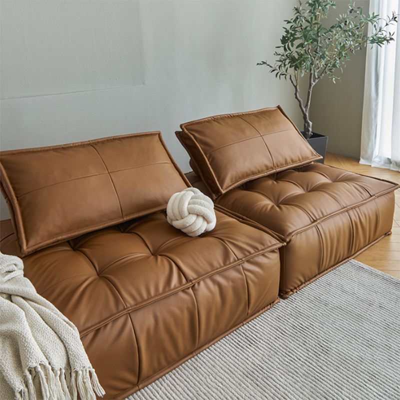 Tufted Leather Sectionals in Brown Mid-Century Modern Blocks Sofa with Pillows