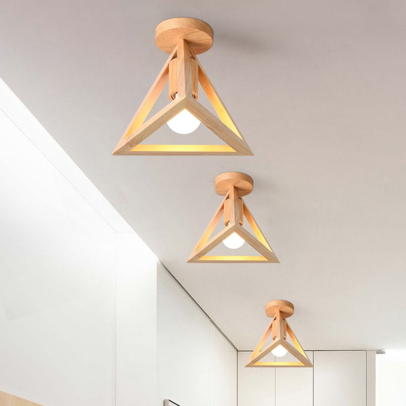 1-Light Foyer Semi Mount Lighting Minimalist Beige Ceiling Flush Light with Pyramid Wood Cage