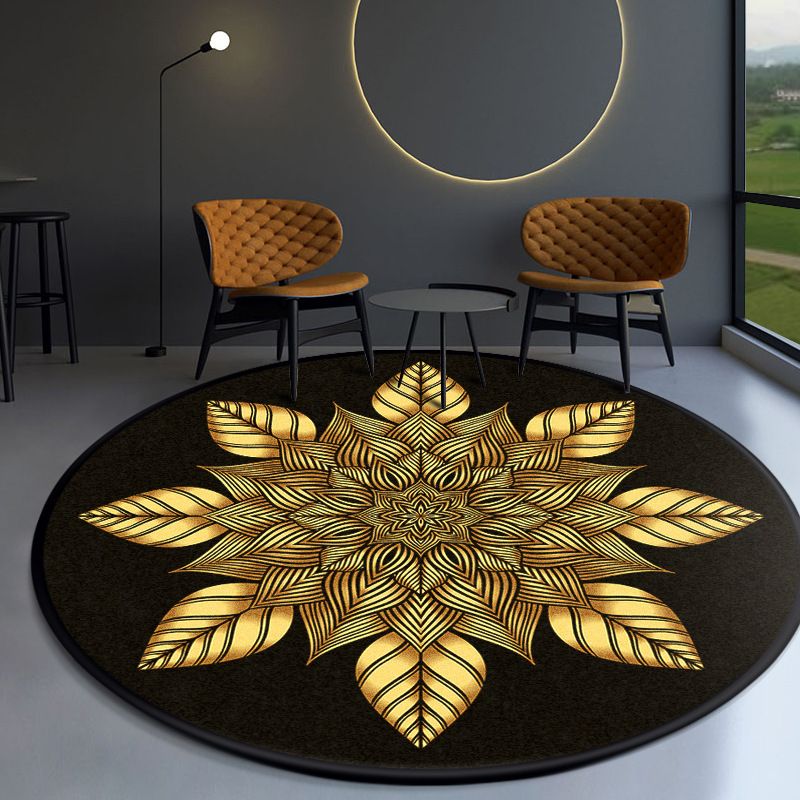 Black Modern Area Rug Polyester Flower Pattern Area Carpet Stain Resistant Rug for Home Decor