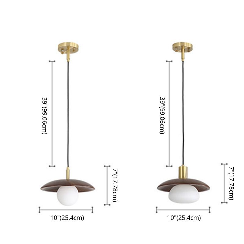 Dark Brown Saucer Pendant Lighting Simple 1-Light Wooden Ceiling Light with White Glass Shade