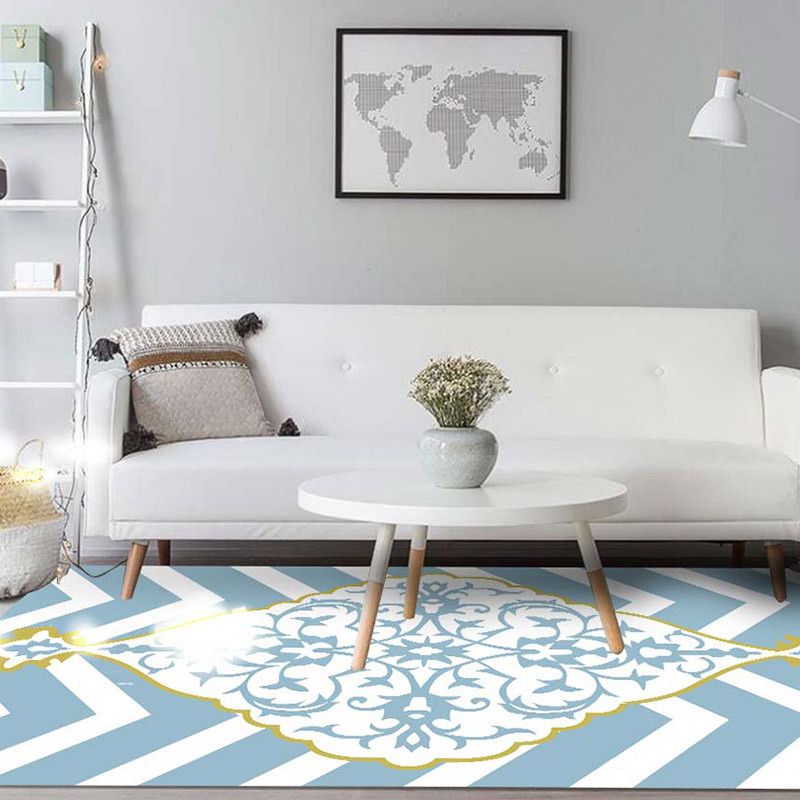 Blue and White Moroccan Rug Polyester Medallion Pattern Rug Pet Friendly Washable Anti-Slip Backing Carpet for Decoration