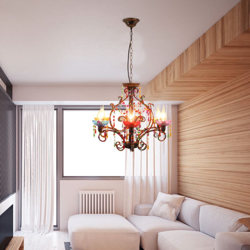 Bohemia Candle Pendant Chandelier Light with Crystal Beaded Strand 6 Lights Hanging Lamp in Copper