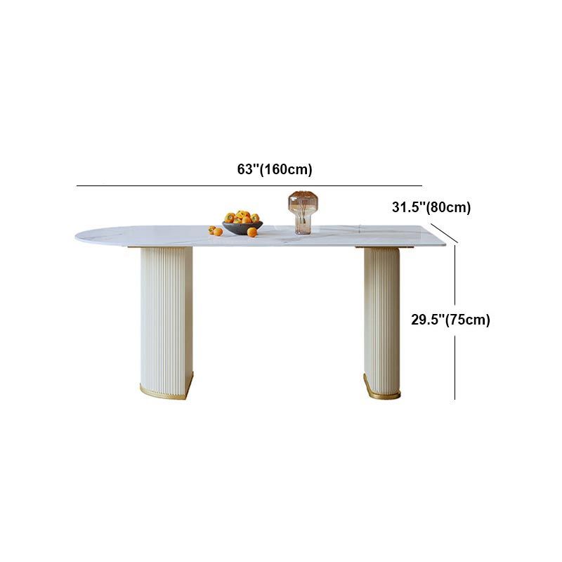 Metal Contemporary White Dining Table Marble Top Table with Double Pedestal