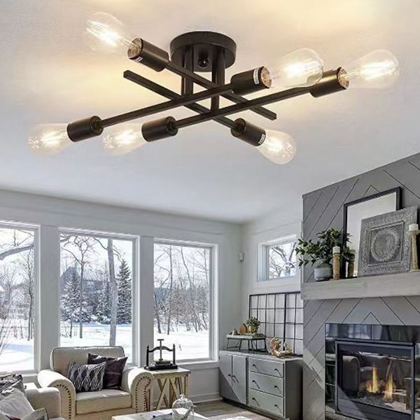 Black Radial Ceiling Light Bare Bulb Semi Flush Mount for Interior Spaces