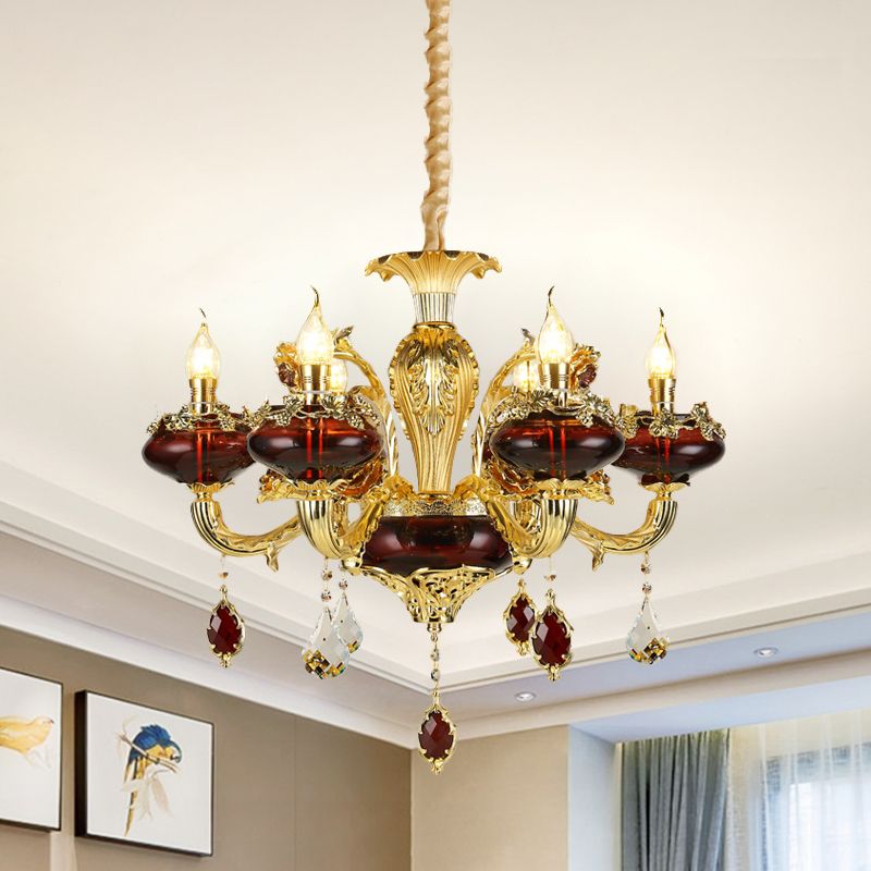 Red Glass Candelabra Chandelier Vintage 6-Head Suspended Lighting Fixture over Dining Table