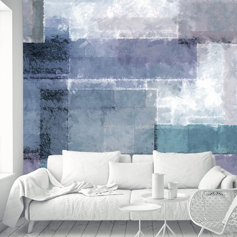 Mid-Century Tiles Painting Wall Mural Blue Moisture Resistant Wall Covering for Living Room