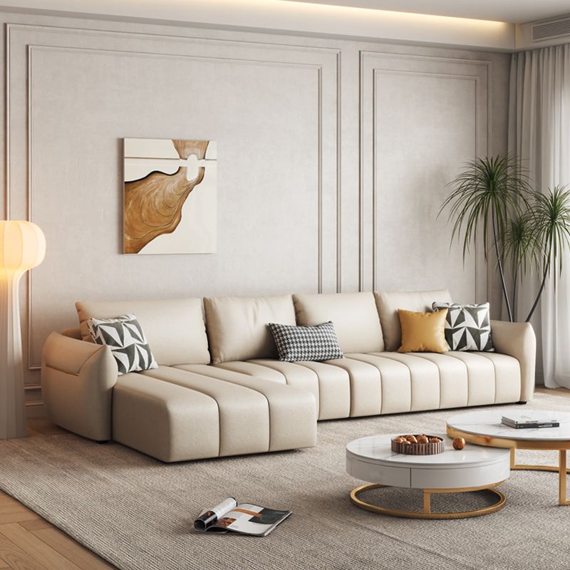 Faux Leather Sectional Sofa 32.28" High Cream Sofa with Pillowed Back Cushions