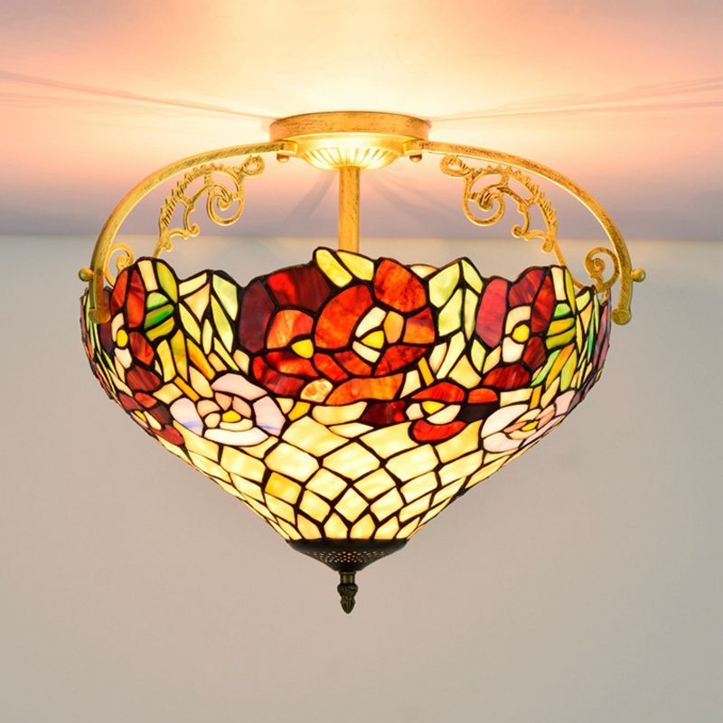 Blossom Stained Glass Semi Flush Light Fixture Tiffany 3 Lights Yellow Ceiling Lighting