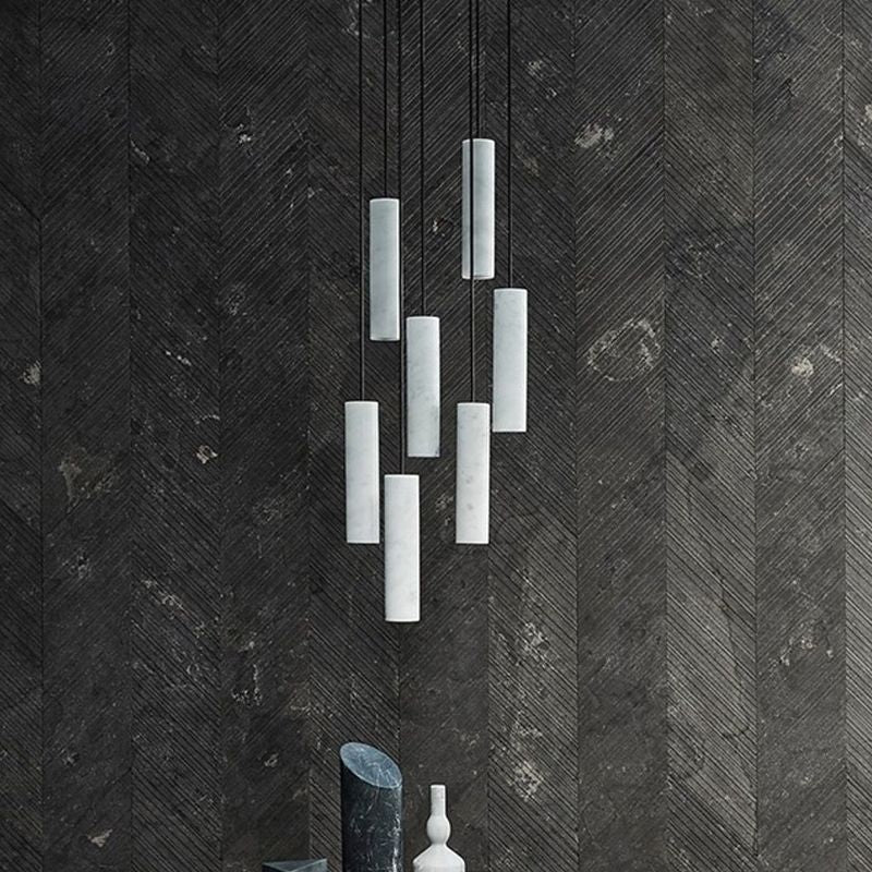 Minimalist Tubular Hanging Light Marble 1-Light Restaurant Pendant Ceiling Lamp in White