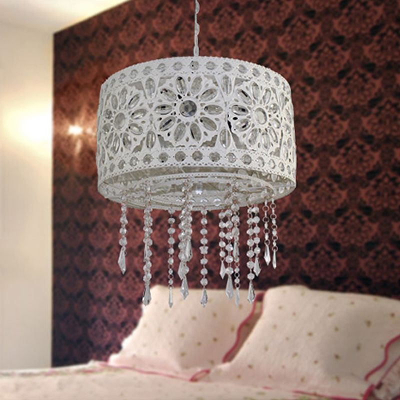 Drum Restaurant Chandelier Lighting Art Deco Metal 3 Bulbs White/Black Pendant Light Fixture with Crystal Accent