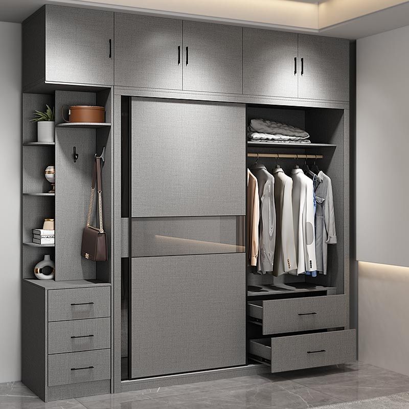 Modern Style Glass Wardrobe Gray Colour Soft Close Drawer Wardrobe Closet