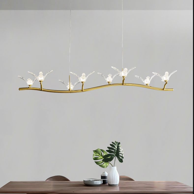 Lámpara de colgante de acabado dorado Lámpara colgante artística de la isla LED acrílica con decoración de pájaros
