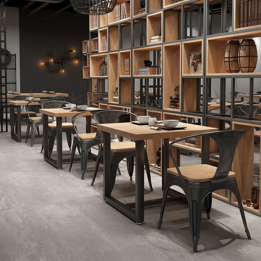 Industrial Solid Wood Dining Table Square Table in Brown with Metal Trestle Base