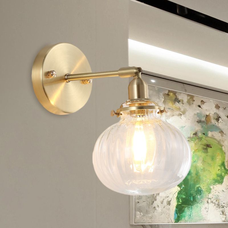 1 Kopfwand montierte Lampe Kolonialkugel Klar/Cognac Prismatic Glass Leuchte Beleuchtung in Gold