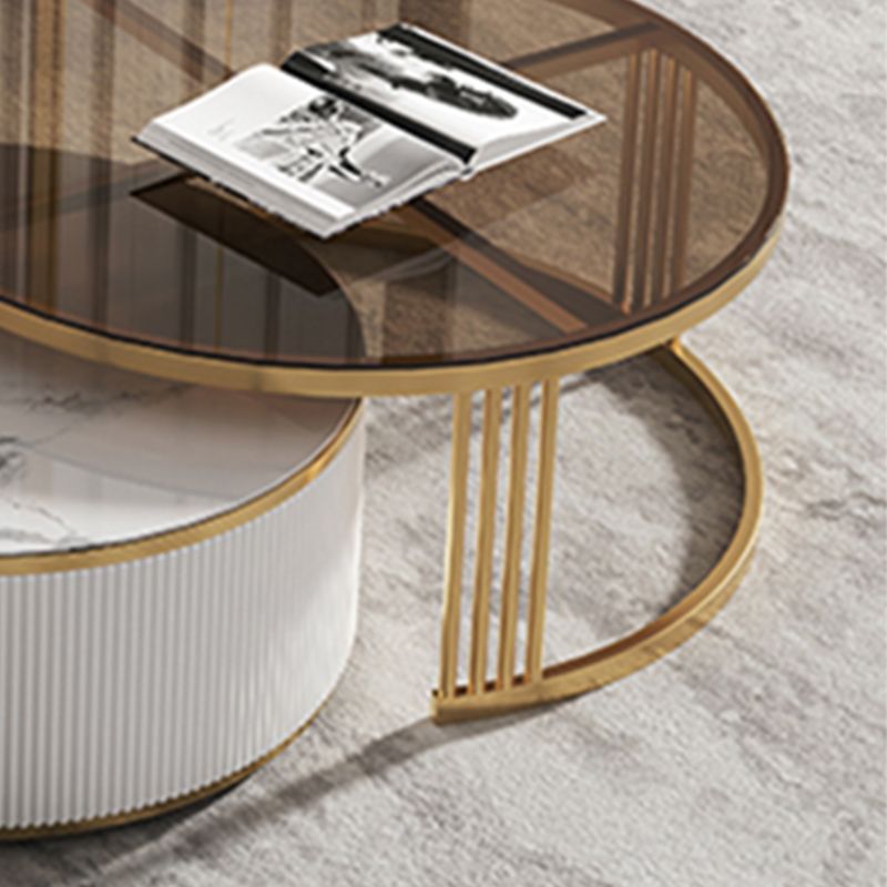 Slate/Glass Top Coffee Table with 2 Storage Drawers Modern Round