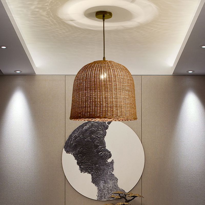 Farmhouse Natural Rattan Pendant Lighting 1-Light  Dining Room Hanging Lamp in Brown
