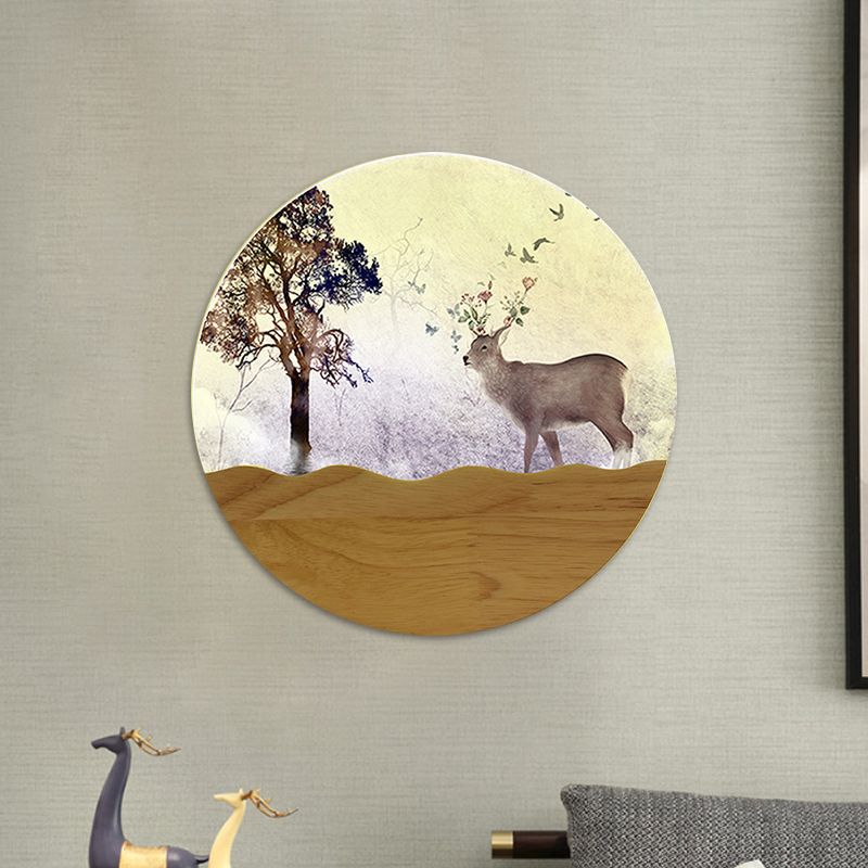 LED Bedside Wall Lighting Idea Minimalist Style Wood Elk Deer and Tree Patterned Mural Lamp with Round Metal Shade