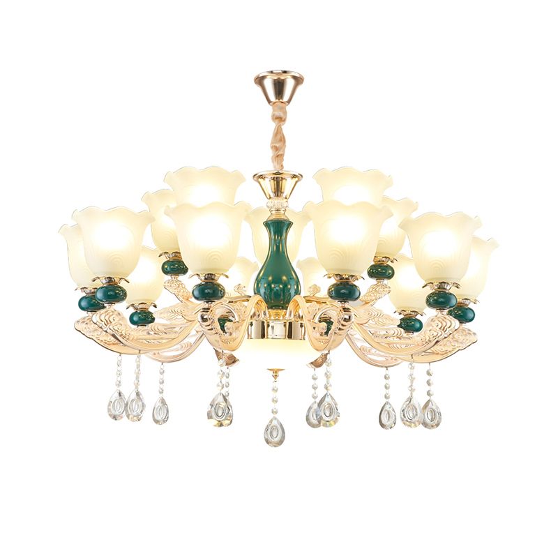 Traditional Ruffle Bell Suspension Light Cream Glass Chandelier Light with Hanging Crystal in Green