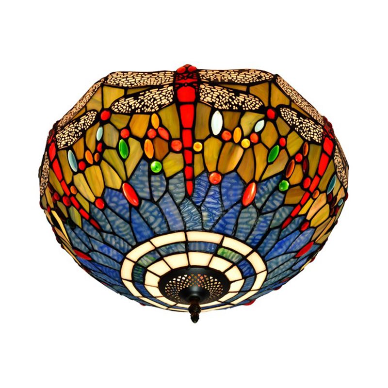 3 Heads Living Room Ceiling Mounted Fixture Tiffany Red/Yellow/Orange Flush Mount Lamp with Dragonfly Stained Glass Shade