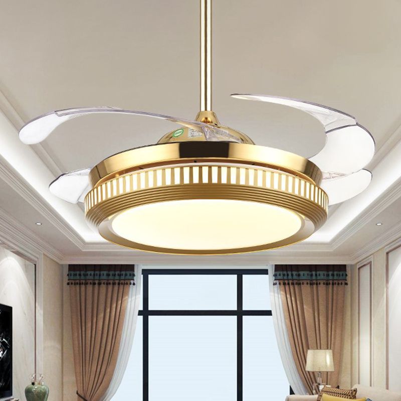 LED Acryl Semi Flush Light Contemporary White /Gold Round Round Round Room Hangende ventilatorlamp met 4 heldere messen, 42 "W