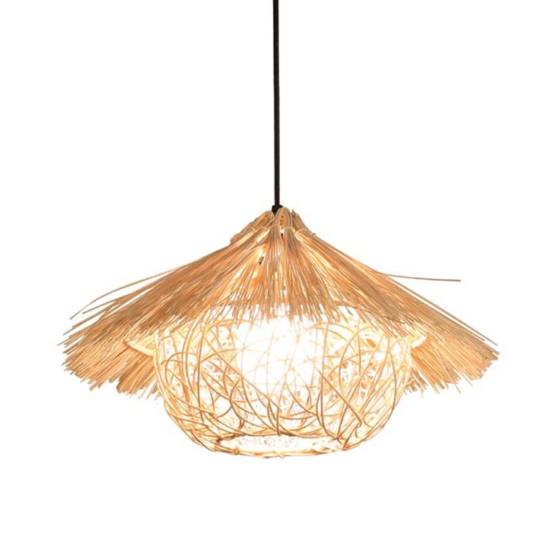 1 Light Farmhouse Shape Hanging Ceiling Light Japanese Fringed Rattan Hanging Light for Restaurant