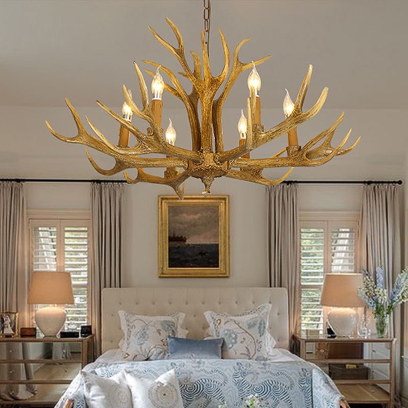 6/8-Light Resin Chandelier Lamp Rural Brown Antlered Shape Living Room Hanging Pendant with Open Bulb Design