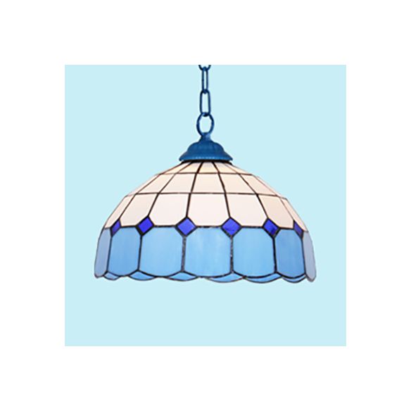 Mediterranean Dome Hanging Light Stained Art Glass 1 Bulb Pendant Light Fixture in White/Blue/Bronze