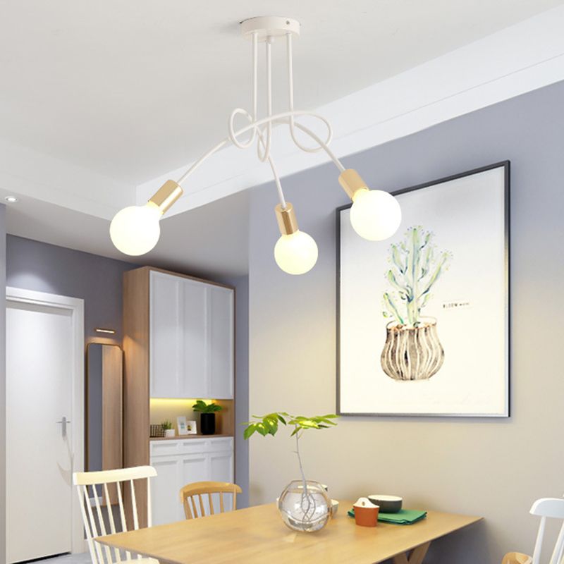 White Sputnik Exposed Bulb Flush Mount Industrial Retro Ceiling Light with Wrought Iron Stem