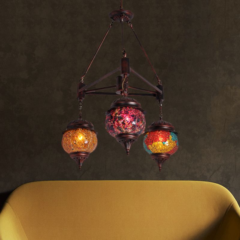 Globe Living Room Hanging Chandelier Moroccan Stained Glass 3 Lights Weathered Copper Pendant Lamp