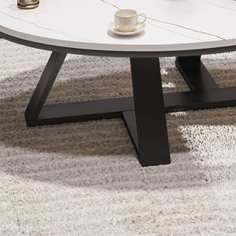 Glam Oval Stone Top Coffee Table with Iron Cross Base Cocktail Table